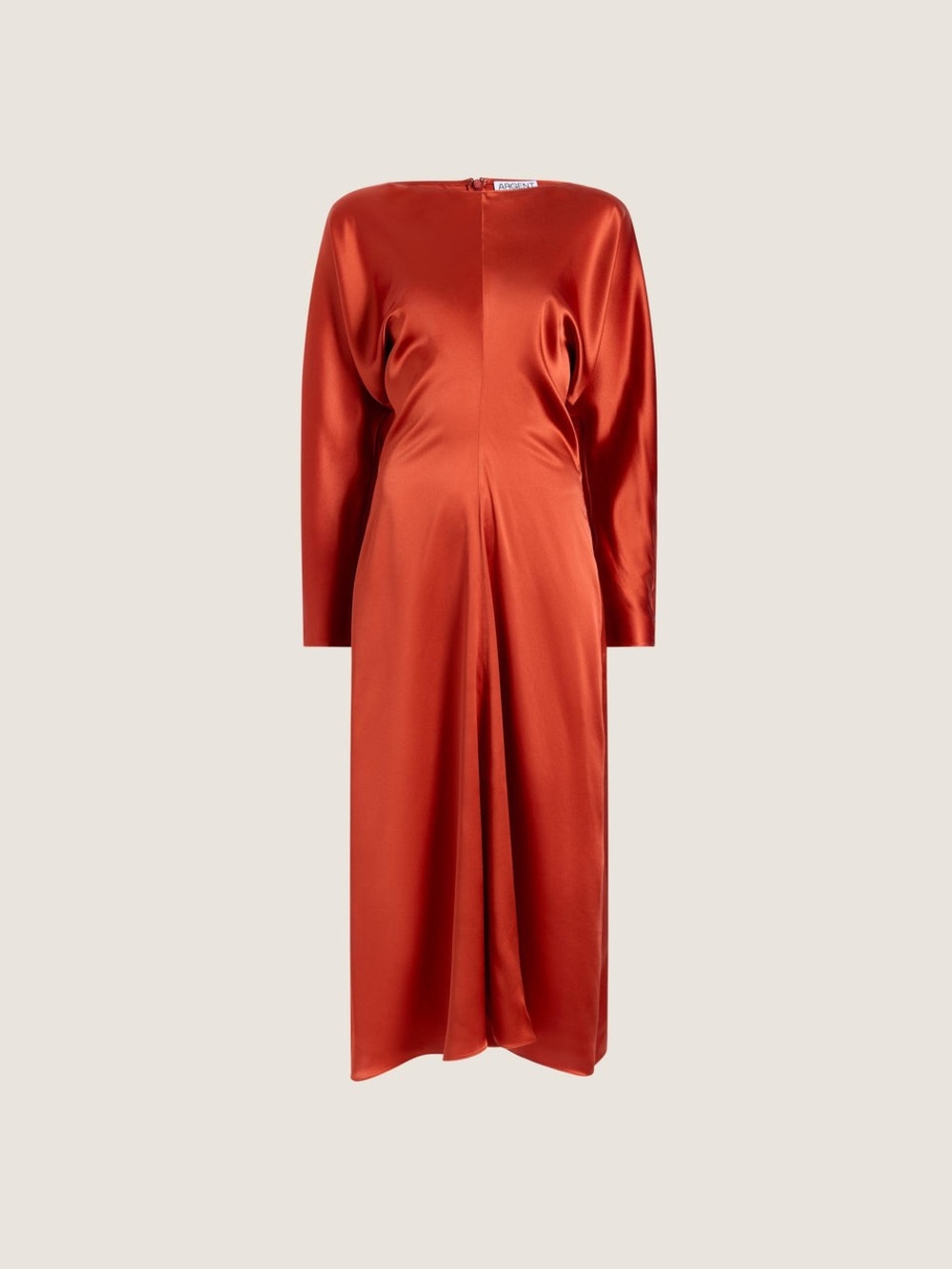 Argent Silk Long-Sleeve Draped Midi Dress in Burgundy